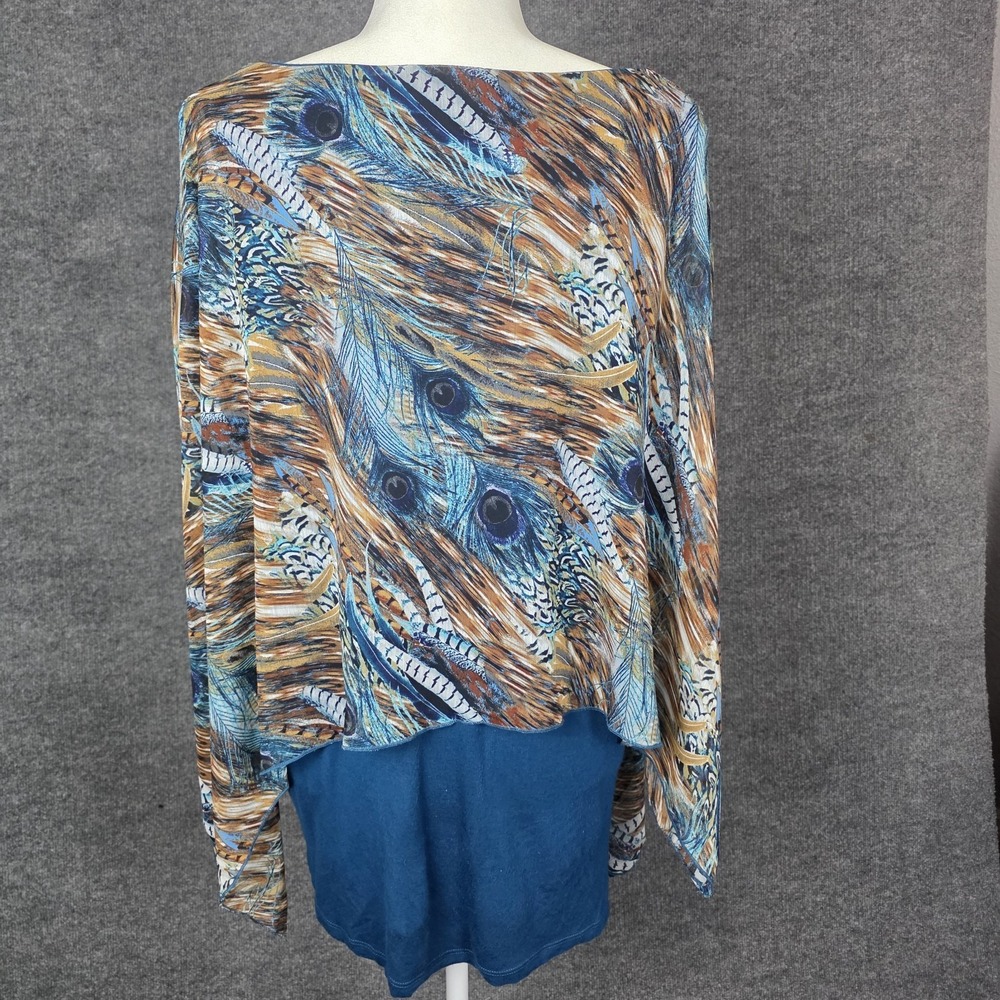Cha Cha Vente Womens 1X (XXL) Peacock Top Teal Feathers Flowy Drape Arm Coverage - Picture 5 of 12